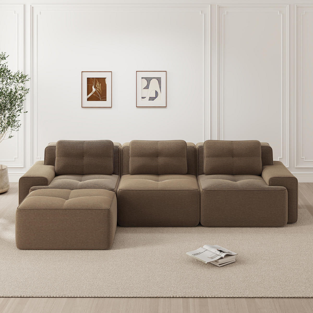 ECKSOFA Cord Braun mit Ottomane - Braun, Textil (293/177cm) - WISHDOR