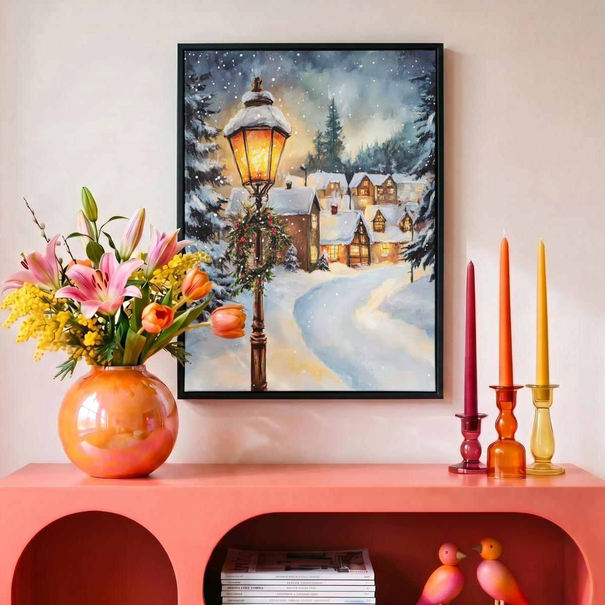 LEINWAND Bilder mit Rahmen - Weihnachtsdorf - Häuser - Schnee - Weihnachten - 30x40 - Sandfarben, Textil (30/40cm) - MuchoWow
