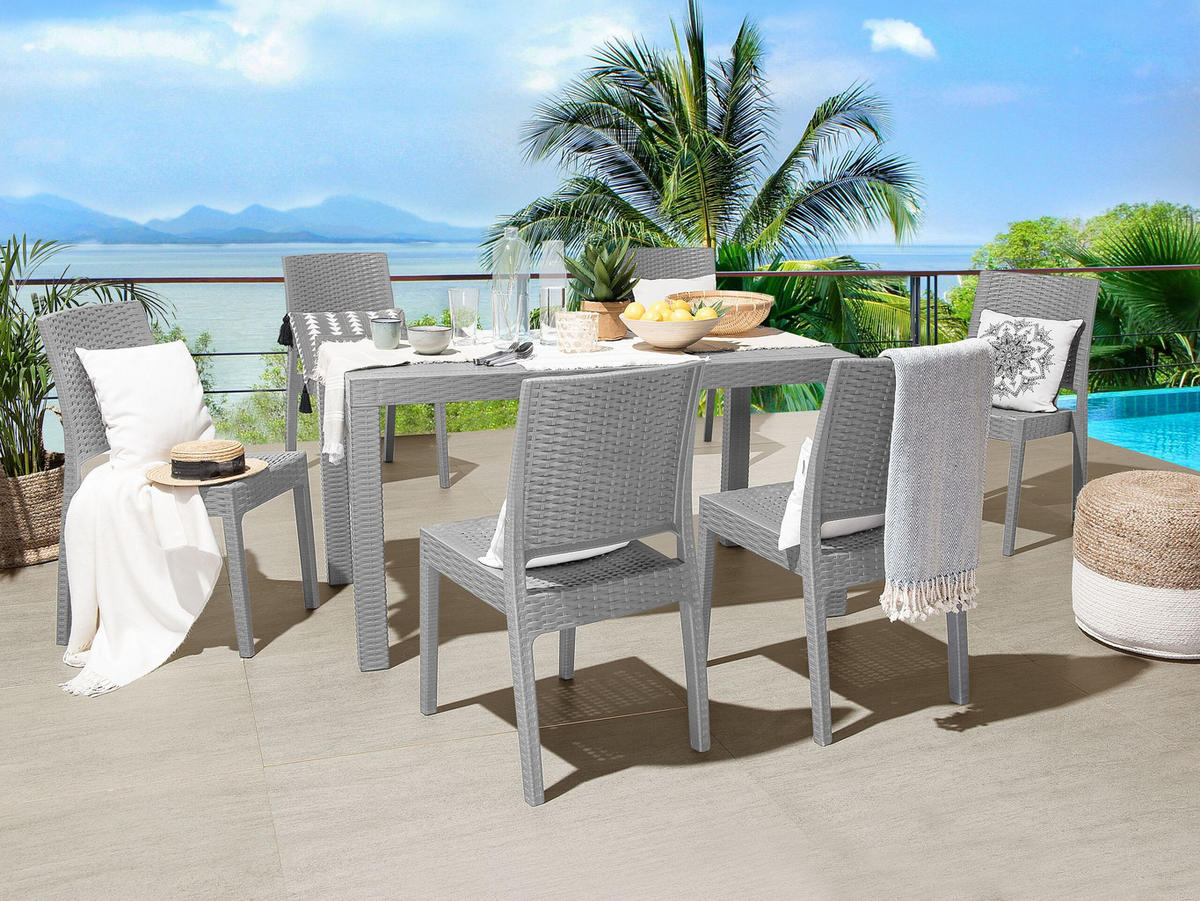 GARTENTISCH Rattanoptik hellgrau 140/80 cm Fossano - Hellgrau, Kunststoff (140/80/76cm) - Beliani
