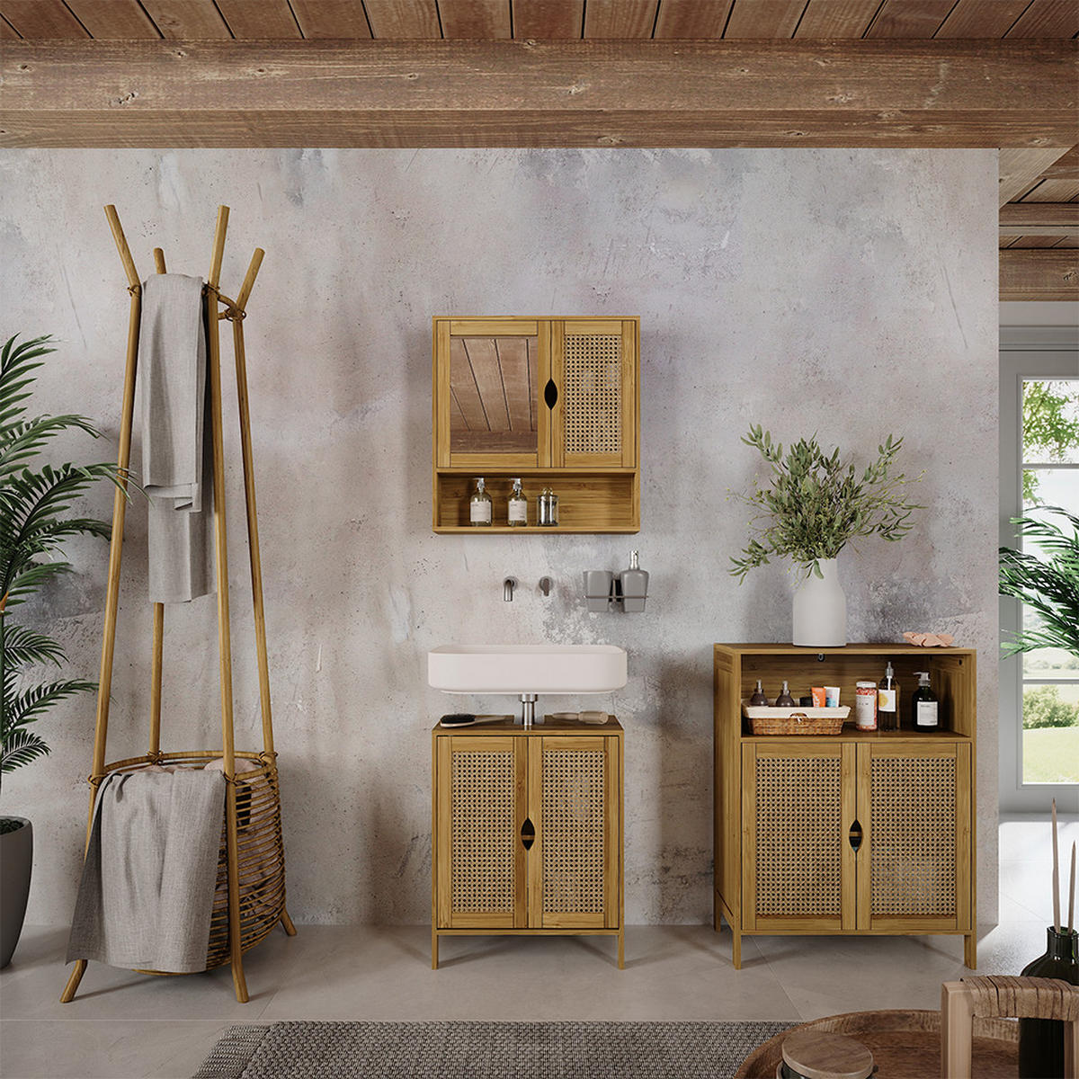 SADA KOUPELNOVÉHO NÁBYTKU Liora Bambus - zelená barva, kompozitní dřevo (48/60/29cm) - Vicco