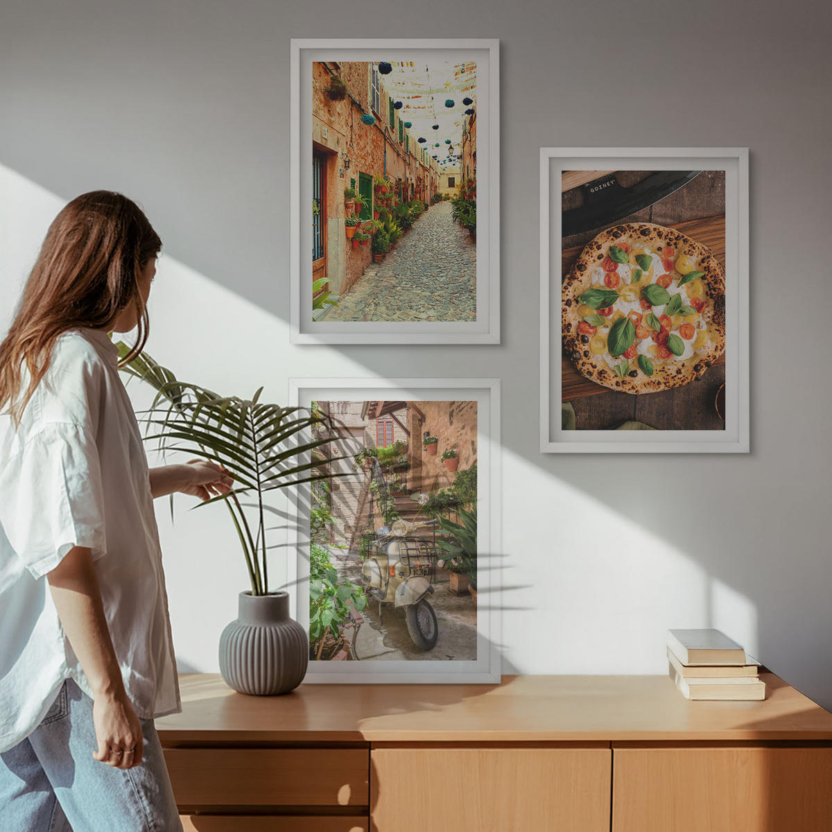 WANDBILDER 3er-Set - 40x60 cm Weißer Rahmen - Charmante Straßen mit Pizza - Weiß, Kunststoff (40/60cm) - ArtPrintCave