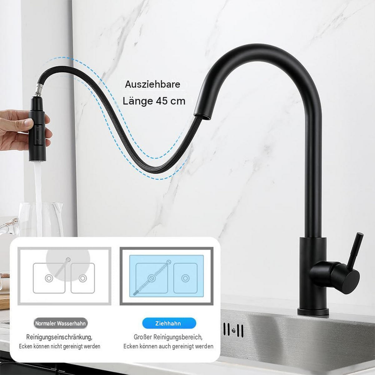 BADEZIMMERARMATUR mit 70 cm langem flexiblem Schlauch, 400 x 240 mm, schwarz. - Schwarz, Metall (42/7/24cm) - Vallsero