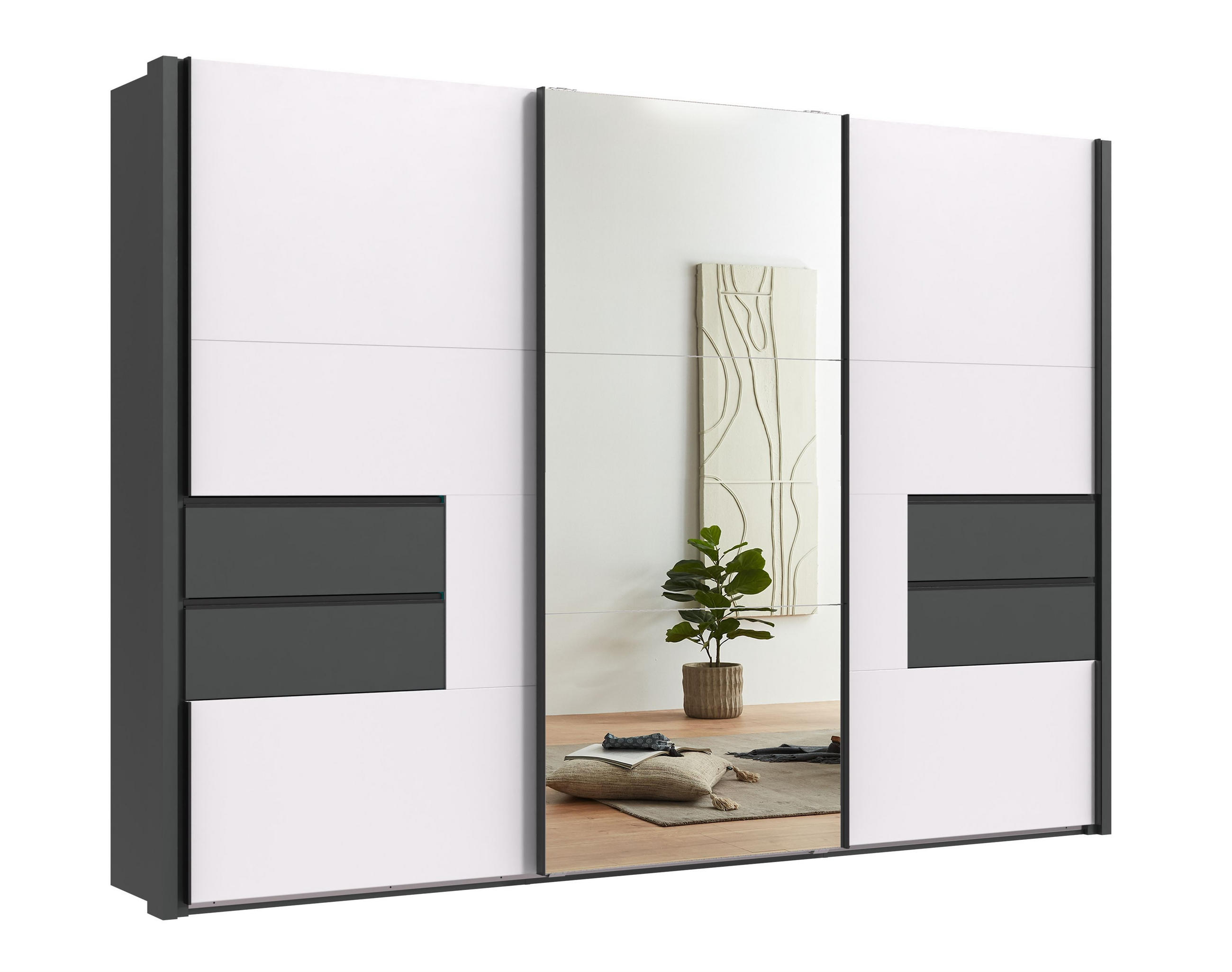 SCHWEBETÜRENSCHRANK B312/H216/T65 cm, Korpus+Passepartout+Schubladen Grafit, Türen Weiß / Spiegel, inkl. Vollausstattung / 22063 - Schwarz/Graphitfarben, Holzwerkstoff/Metall (312/216/65cm) - luma-home