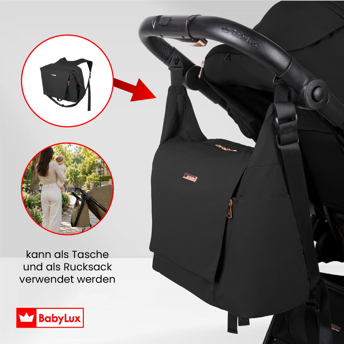 BUGGY Rombo, Klein und Leicht, Teleskopische Führung, Kompakt Faltbar, Wickeltasche, Reisetasche - Schwarz, Textil/Metall (58/98cm) - BabyLux