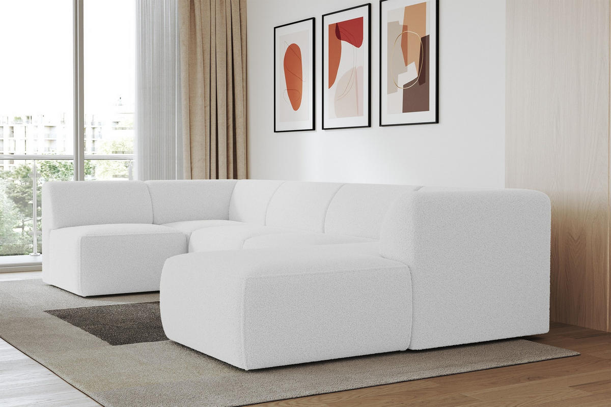 WOHNLANDSCHAFT Ottomane Rechts MOVO-L 345x180x78 cm Weiß Bouclé - Schwarz/Weiß, Holzwerkstoff/Kunststoff (345/78/180cm) - ALTDECOR
