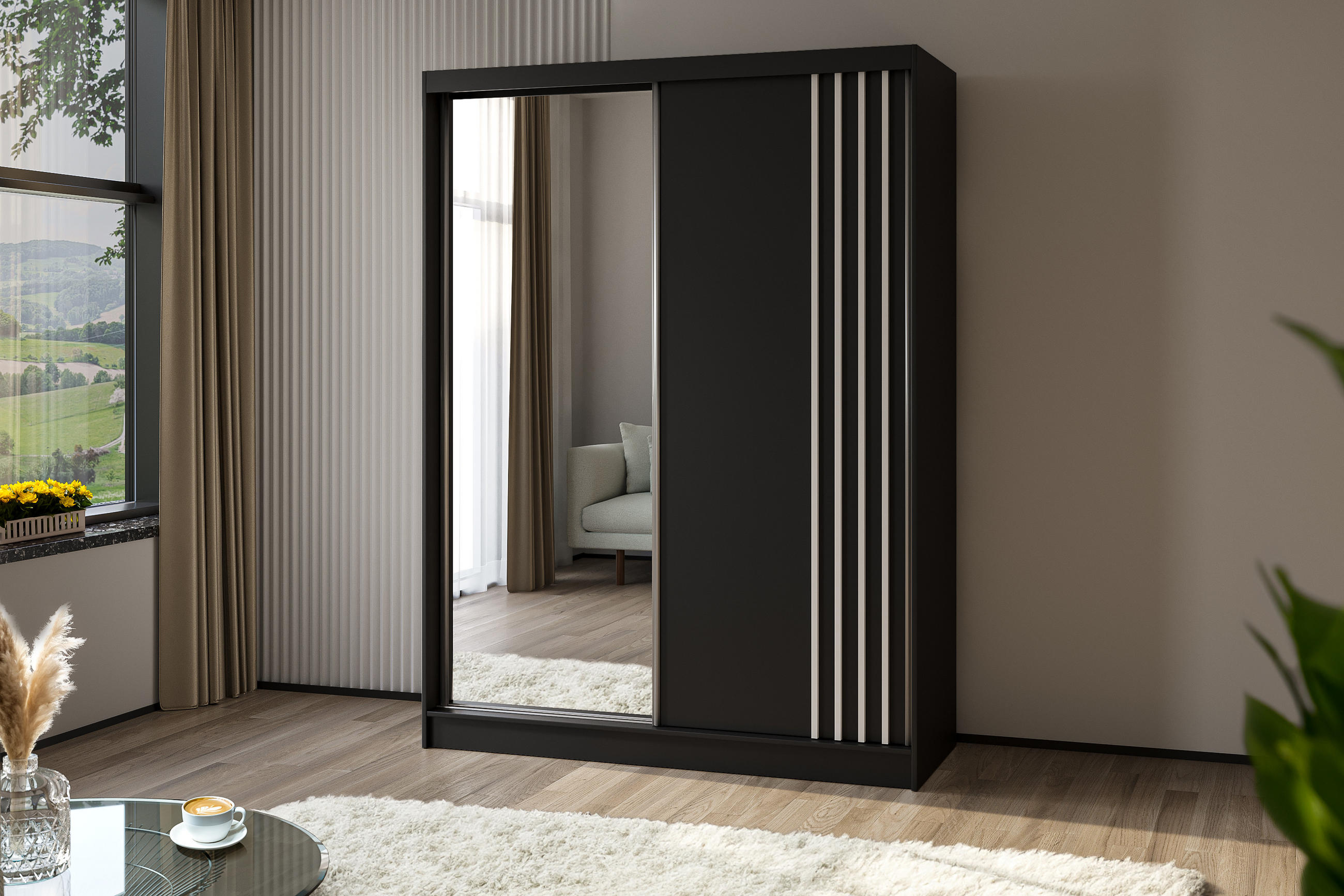 KLEIDERSCHRANK mit Spiegel-Schiebetüren und Aluminium-Leisten, LED-Beleuchtung - NALLA - 160 cm Schwarz+Schwarz+Weiß - Schwarz/Weiß, Holzwerkstoff (160/216/61cm) - ALTDECOR
