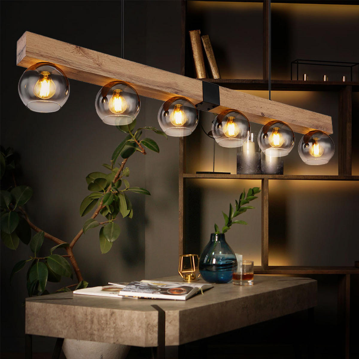 HÄNGELEUCHTE Holzoptik Braun Metall Schwarz - Braun, Glas (140/15/120cm) - Globo Lighting