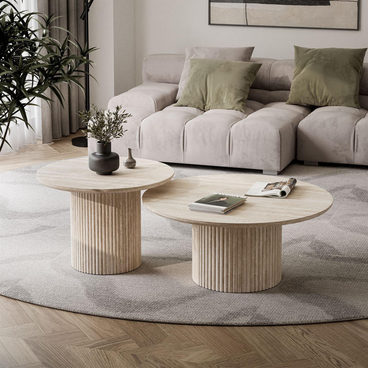 COUCHTISCH-SET OVI mit geriffeltem Sockel - Beige, Holzwerkstoff (80/80/42cm) - Lookway