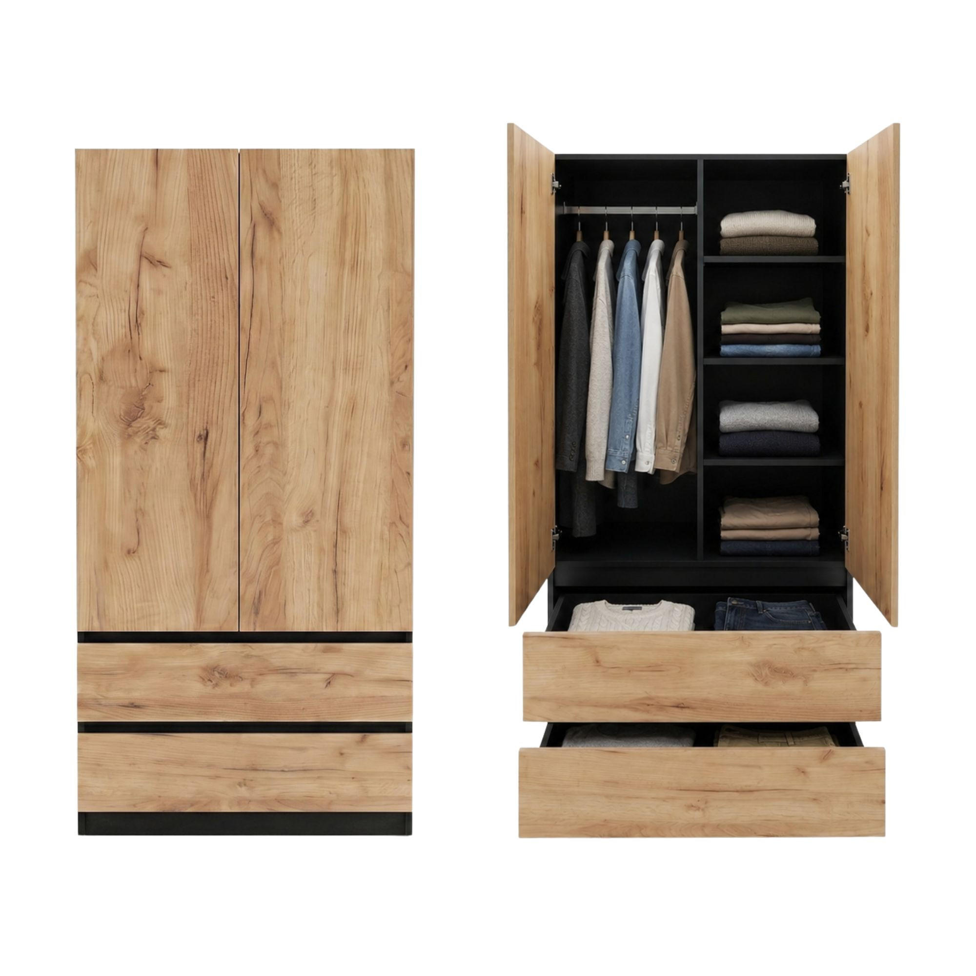 KLEIDERSCHRANK mit 2 Türen und Schubladen in Schwarze Craft-Eiche - Schwarz/Naturfarben, Holzwerkstoff (90/180/50cm) - Home Collective