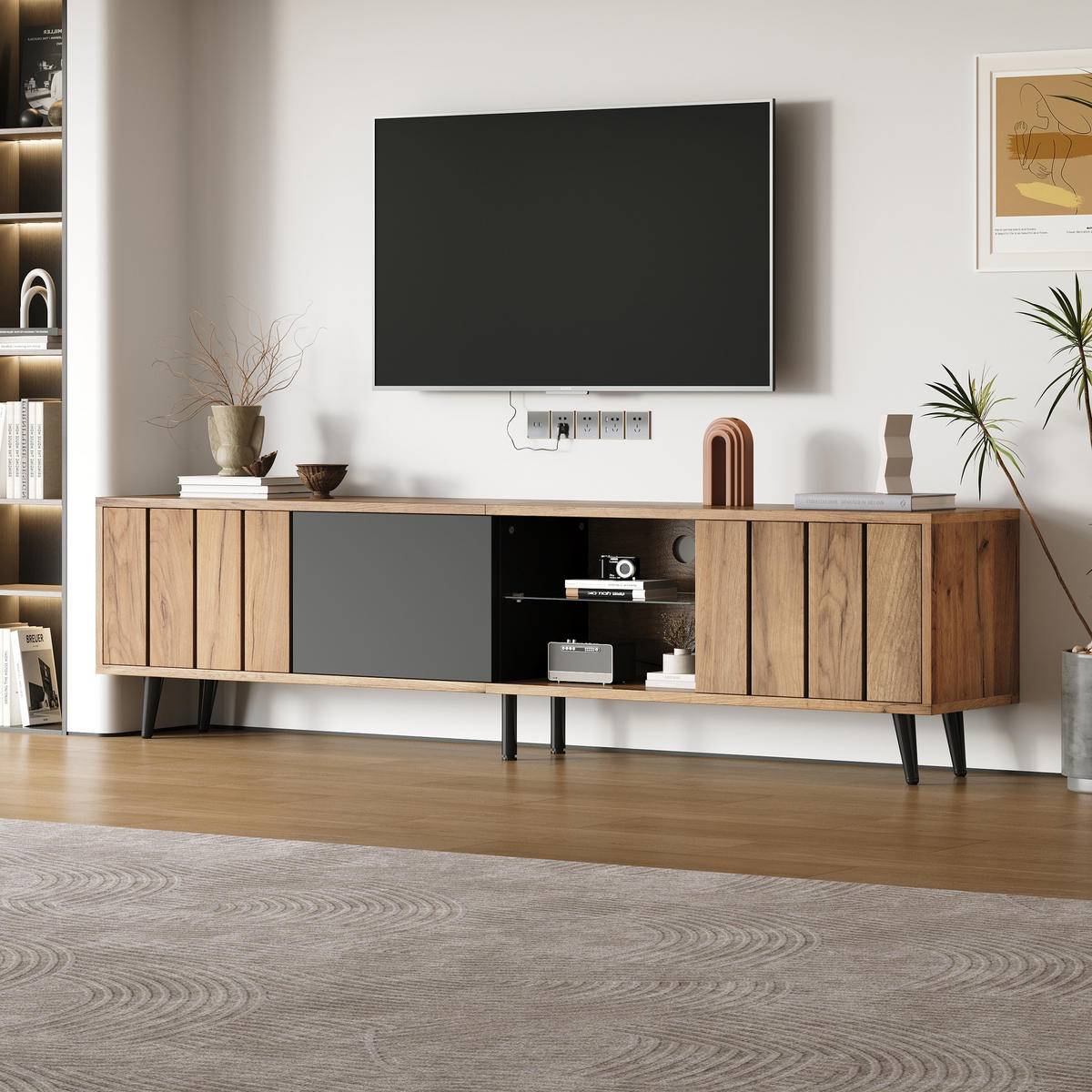 TV-SCHRANK 175x31cm Lowboard 3 Schränke Naturholz & Schwarz bis 75 Zoll - Braun, Holz (41.91/21.01/104.78cm) - FLIEKS