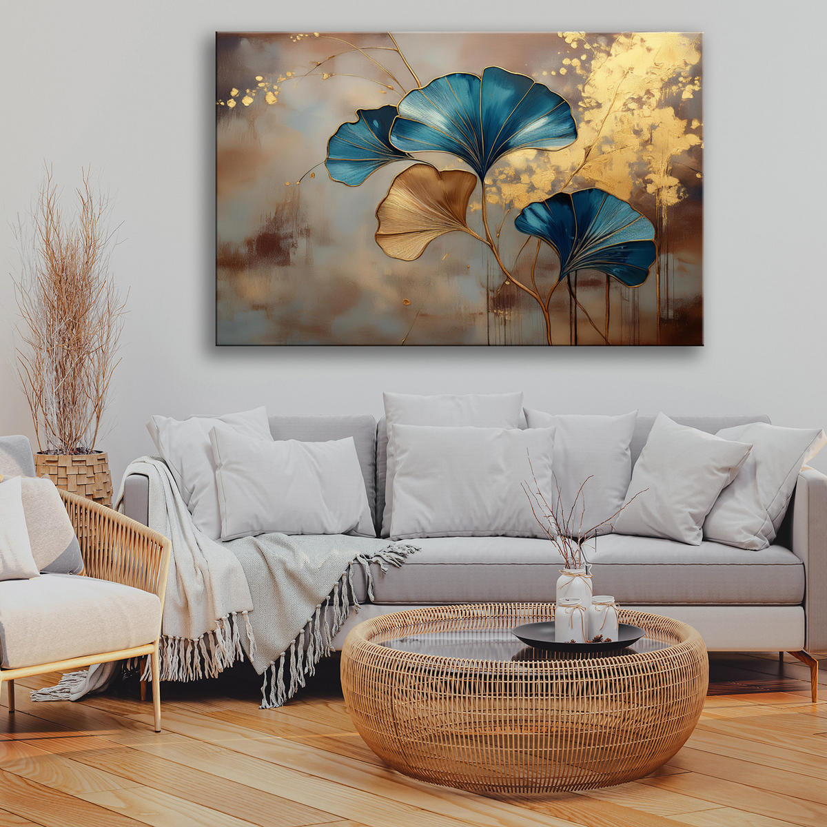 WANDBILD ginkoblumen natur gold - Braun, Textil (60/40cm) - Feeby