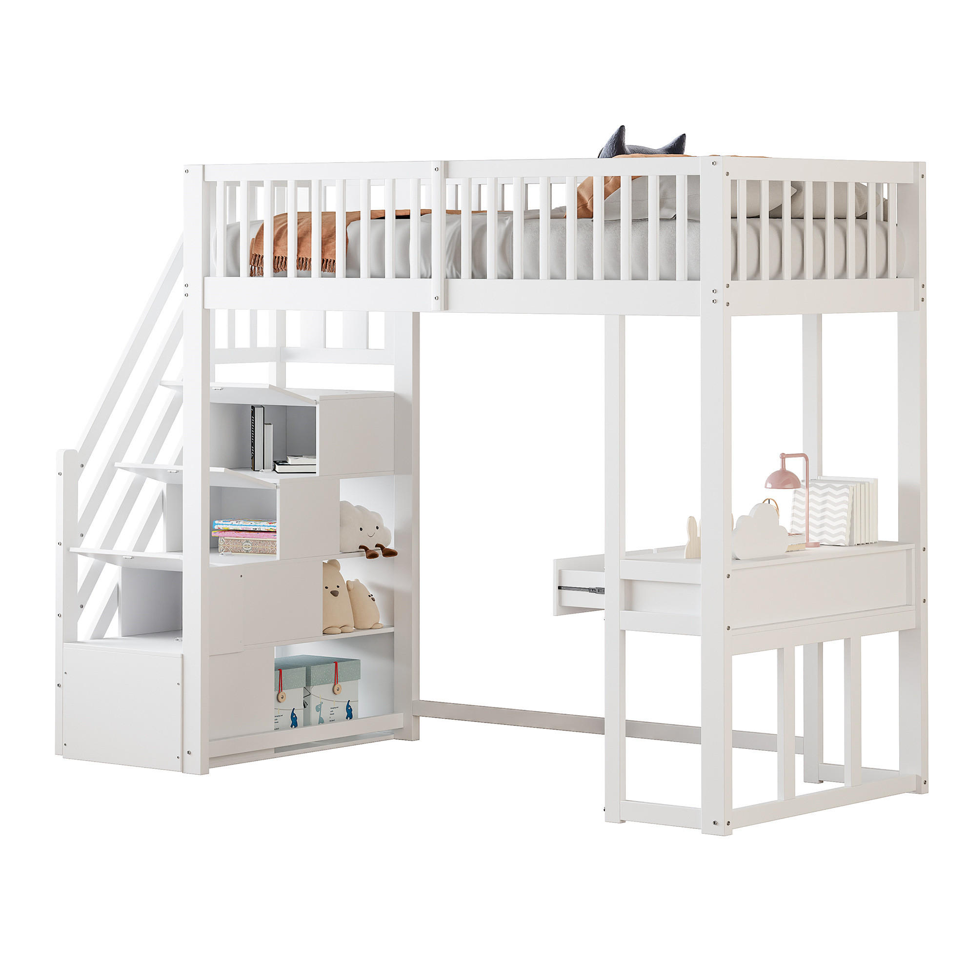 HOCHBETT 90/200 cm aus Kiefer, Sperrholz und MDF mit Stauraumtreppe und Multifunktionstisch Weiß - Weiß, Holz (90/200cm) - Modenvie