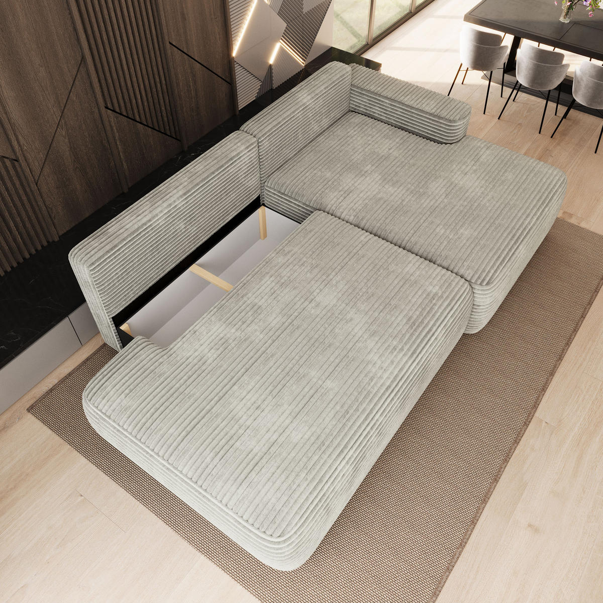 ECKSOFA AVINI T R-S Hellgrau Kordstoff mit Schlaffunktion - Hellgrau, Holzwerkstoff/Textil (277/160cm) - MASSENO