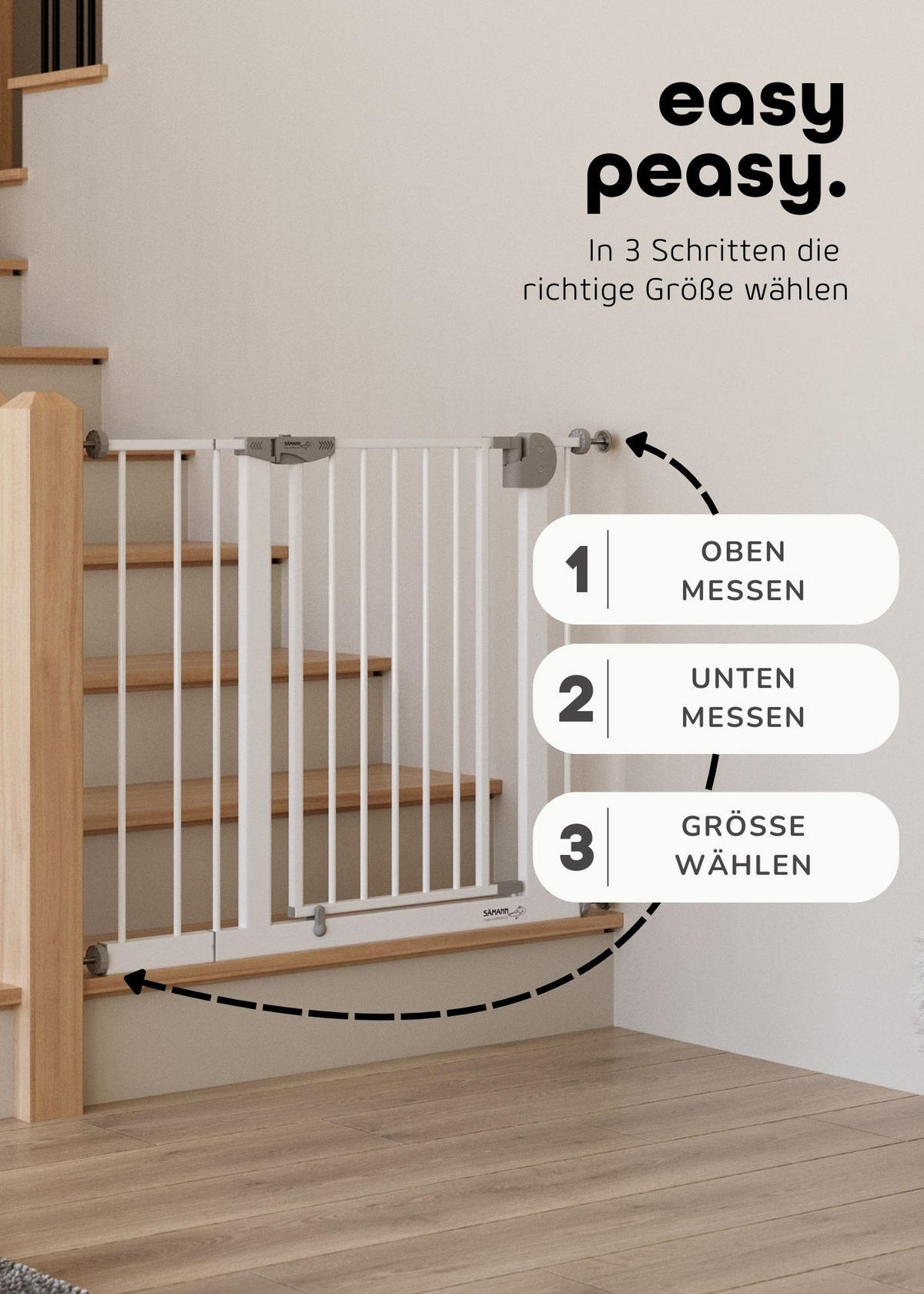 TÜRSCHUTZGITTER & Treppenschutz mit 4x Elefantenfuß, Tür mit 90° Stop, ohne Bohren 88-99 cm - Weiß, Metall (99/5cm) - Sämann – make a difference.