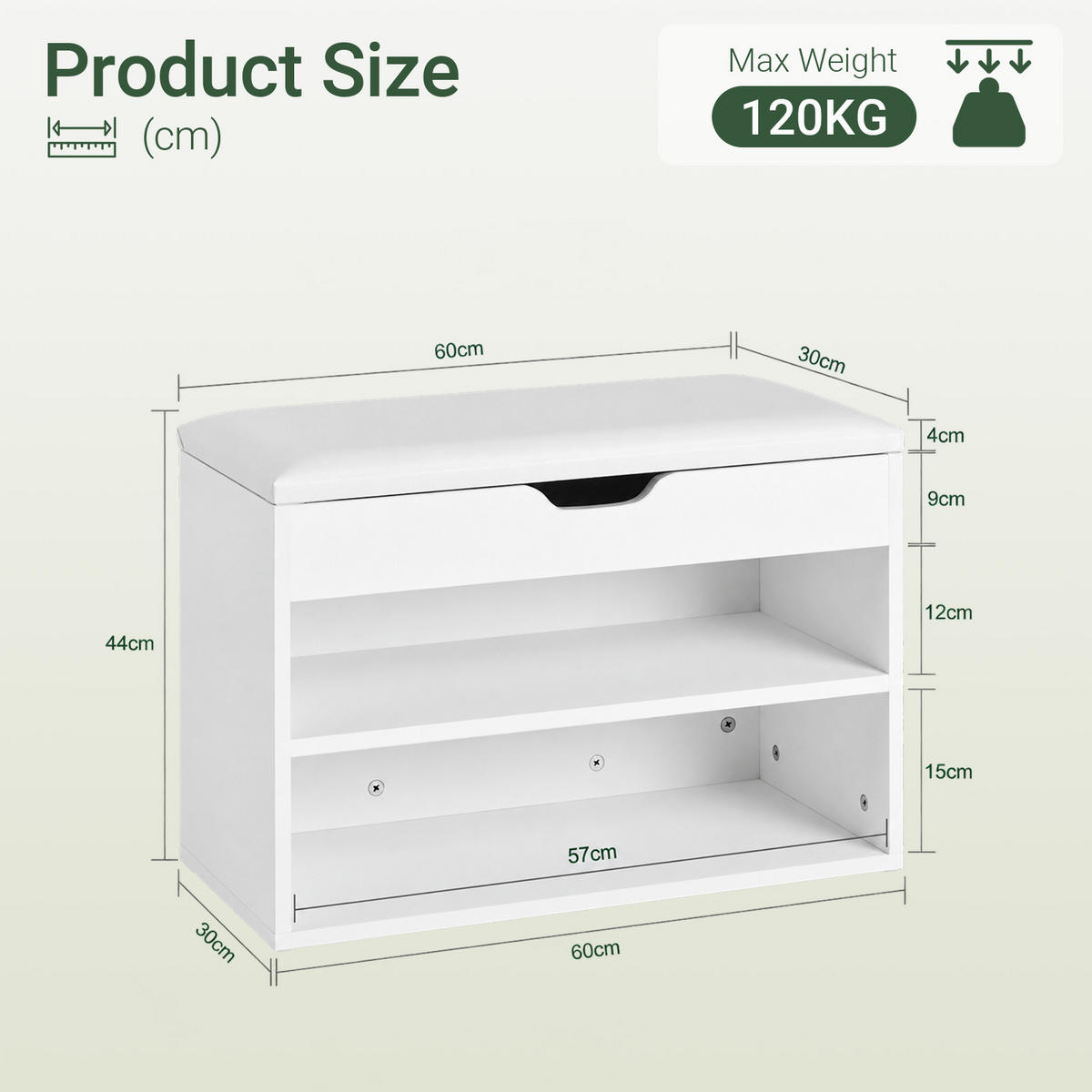 SCHUHBANK weiß, 60 cm breit, PU-Sitzpolster, 2 offene Böden für 6 Paar, bis 120 kg, Staufach unter der Sitzfläche - Weiß, Holzwerkstoff (60/44/30cm) - SoBuy