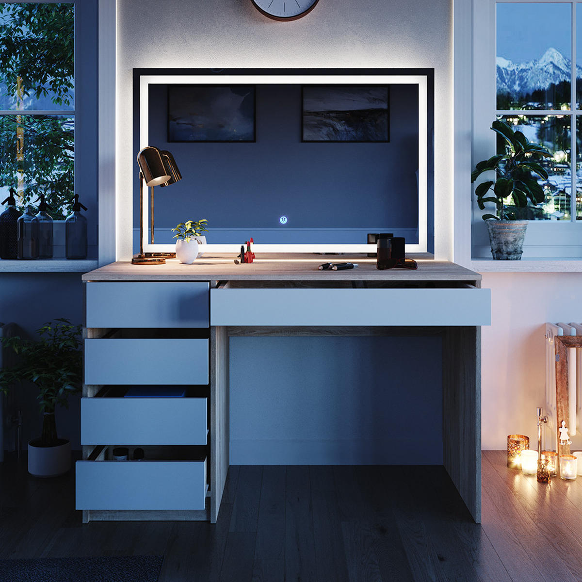 SCHMINKTISCH Sherry Weiß/Sonoma 120 cm mit LED-Spiegel - Weiß/Sonoma Eiche, Holzwerkstoff (120/75/55cm) - Vicco