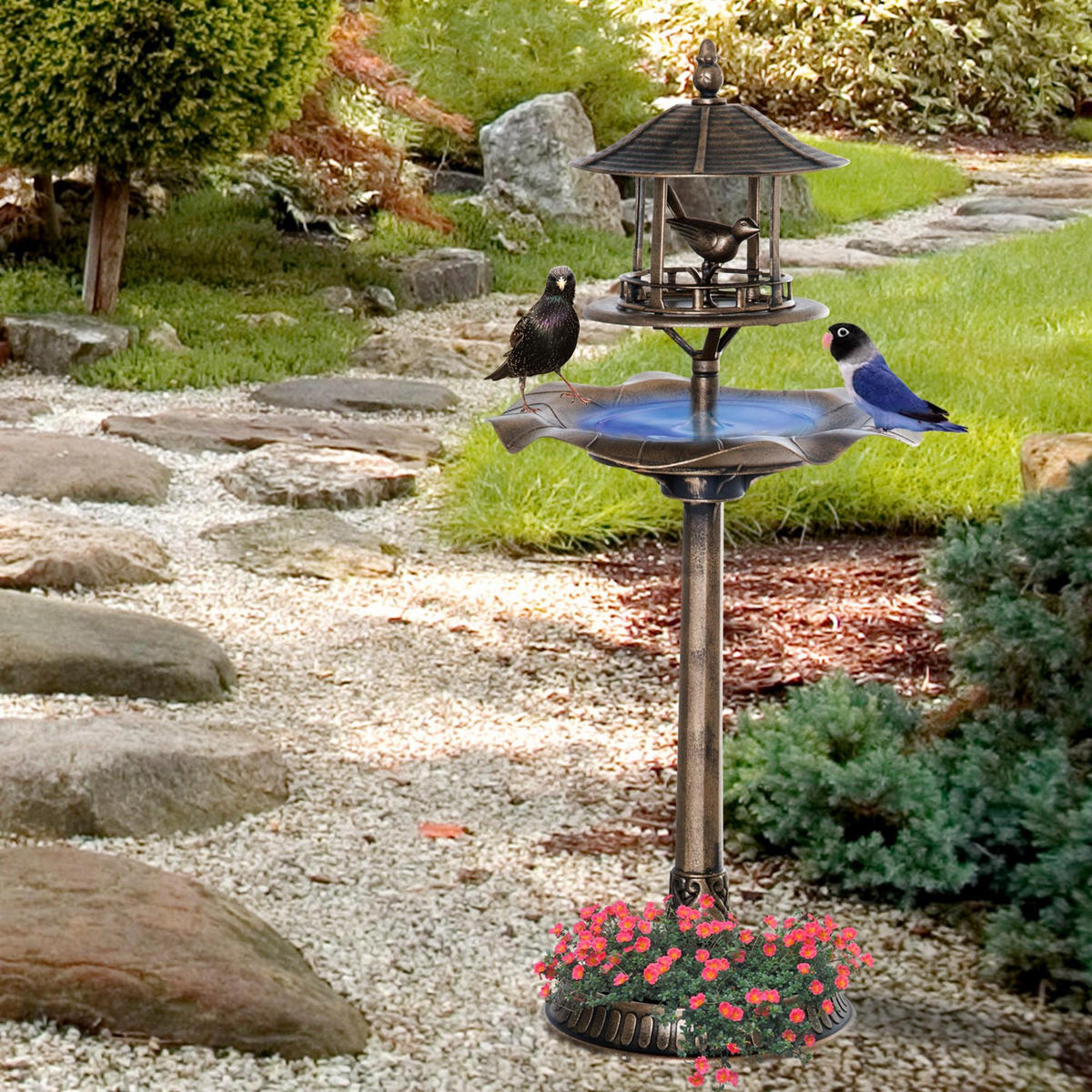 VOGELBAD DE-13737 3-in-1 mit Vogeltränke und Pflanzschale Bronze - Bronzefarben, Kunststoff (50/113/50cm) - ComfortXL