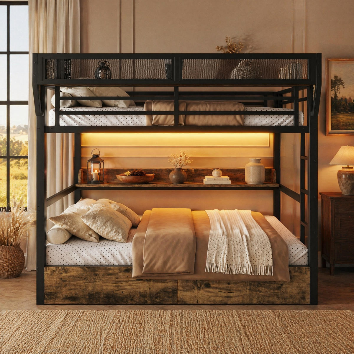 ETAGENBETT 140/200 cm aus MDF und Metall mit LED-Licht, Schwarz - Schwarz, Metall (140/200cm) - OKMYHOME