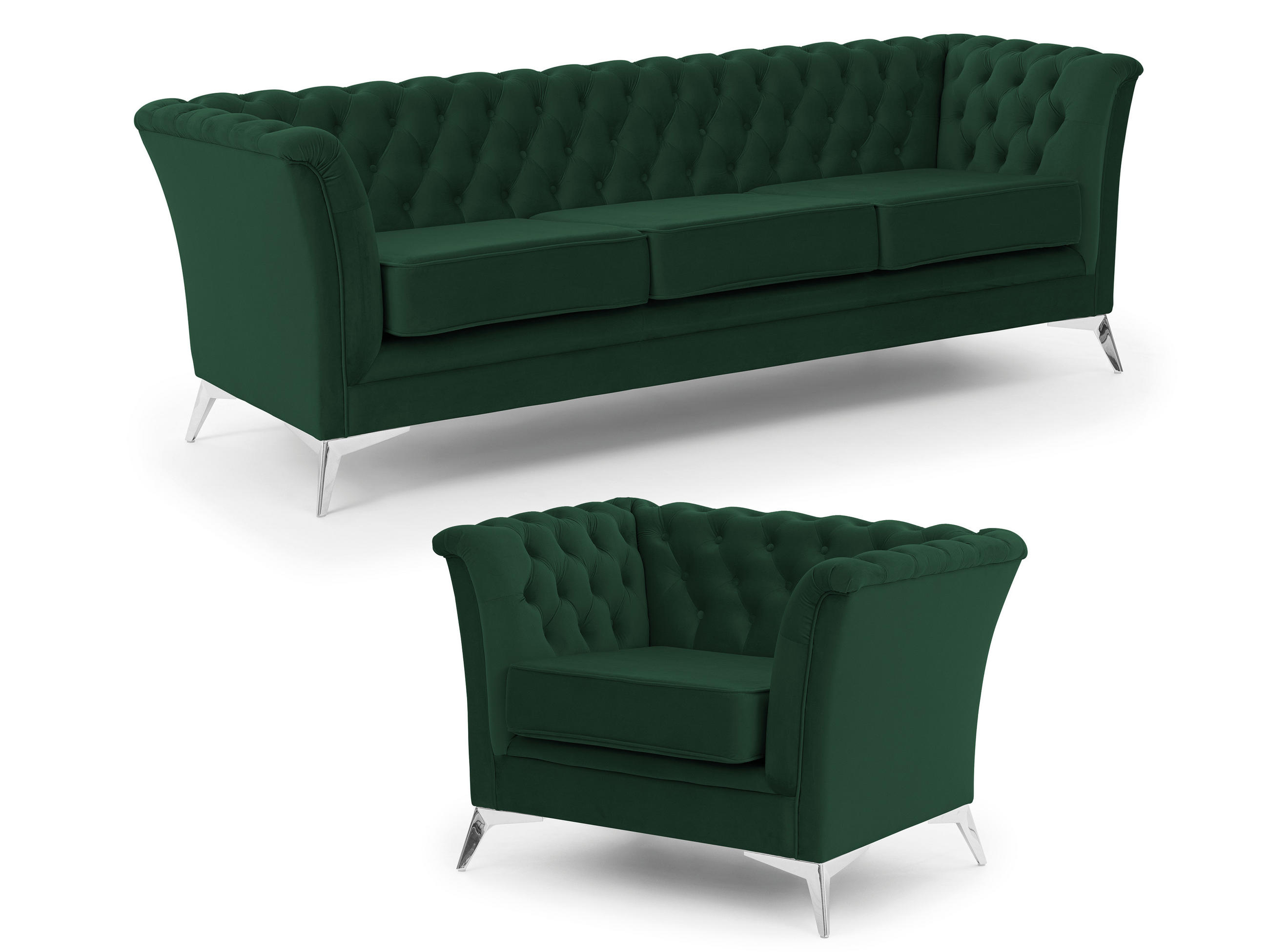 SITZGARNITUR 3+1 Chesterfield Whitby Flasche Grün Samt mit silbernen Füßen - Dunkelgrün/Silberfarben, Holz/Textil (237/78/82cm) - S-Style Möbel