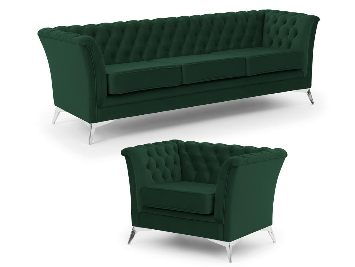 SITZGARNITUR 3+1 Chesterfield Whitby Flasche Grün Samt mit silbernen Füßen - Dunkelgrün/Silberfarben, Holz/Textil (237/78/82cm) - S-Style Möbel