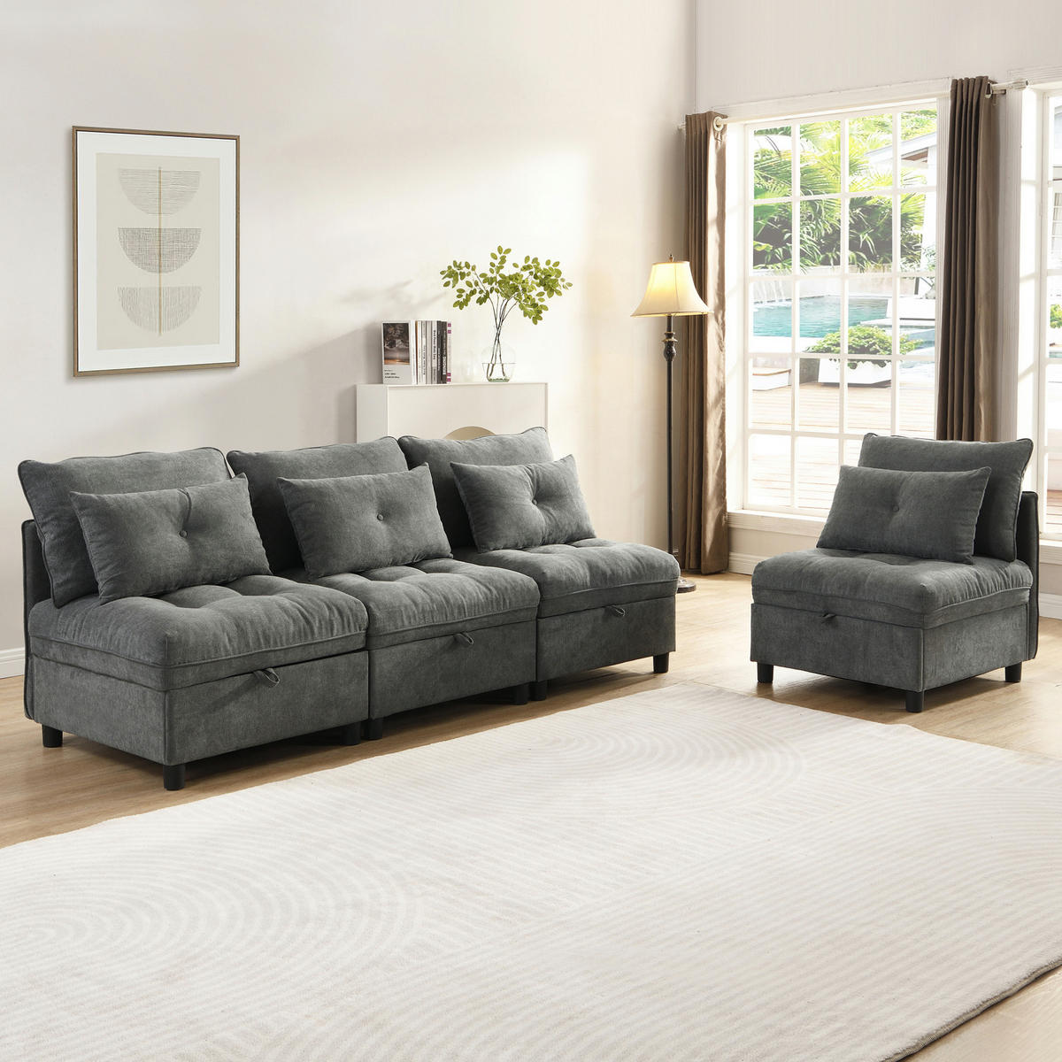 MODULÁRNA pohovka s poťahom chenille, 4-miestna, antique gray, s úložným priestorom a lôžkom,274/76/87 cm - tmavosivá, plast (274/87/76cm) - BEAOK