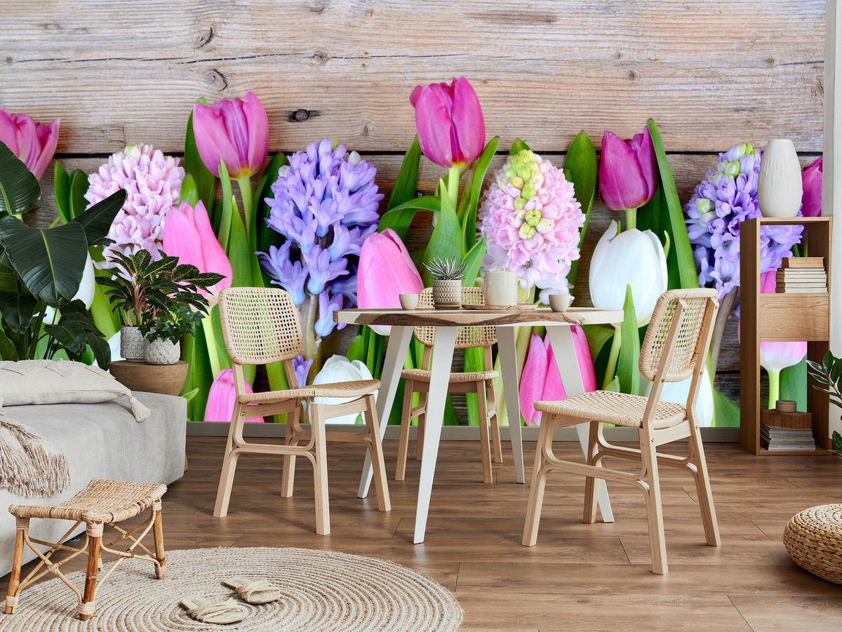 FOTOTAPETE für Küche Rosa Tulpen Violette Hyazinthen Holztisch 250x175 - Ecru/Violett, Papier (250/175cm) - Muralo