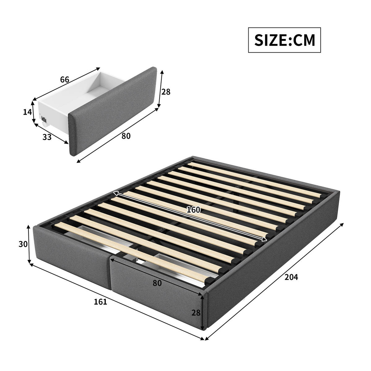 DOPPELBETT 160/200 cm, mit hydraulischem Stauraum und 2 Schubladen, keiner Kopfteil, Grau - Grau, Textil (160/200cm) - Waldena