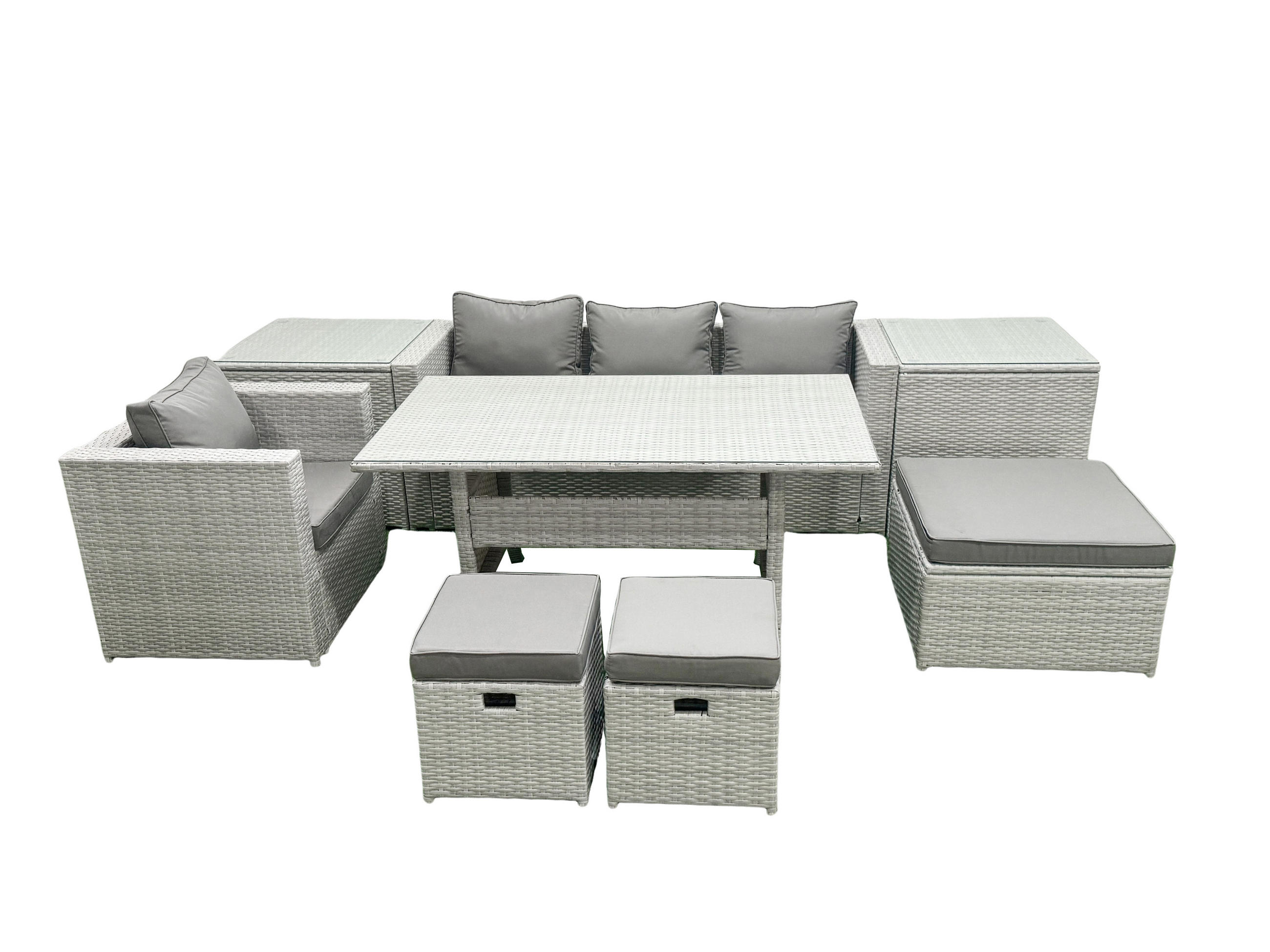 GARTENSET mit Esstisch,Sofa,2 Beistelltischen,3 Fußhocker Polyrattan Hellgrau 7-Sitzer - Hellgrau/Grau, Glas/Kunststoff - Fimous
