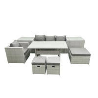 GARTENSET mit Esstisch,Sofa,2 Beistelltischen,3 Fußhocker Polyrattan Hellgrau 7-Sitzer - Hellgrau/Grau, Glas/Kunststoff - Fimous