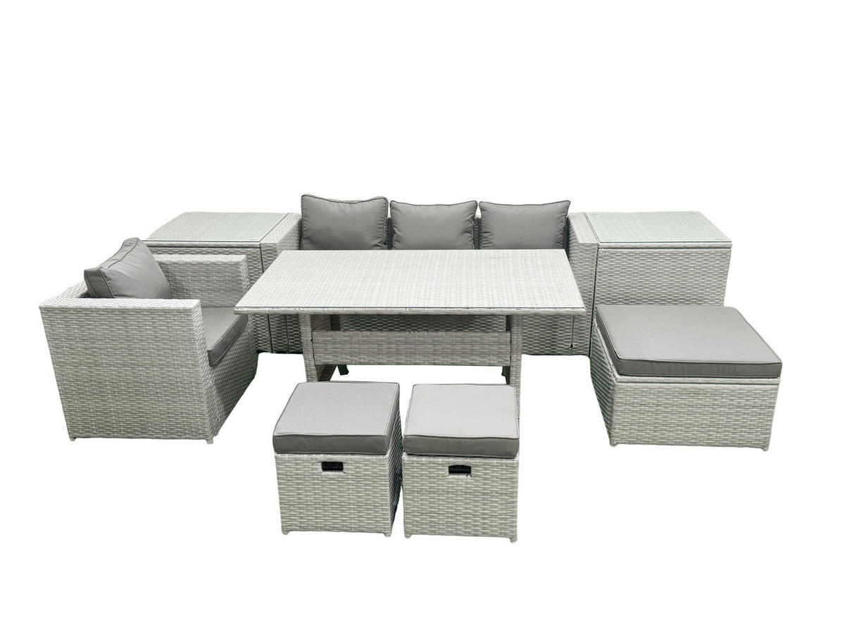 GARTENSET mit Esstisch,Sofa,2 Beistelltischen,3 Fußhocker Polyrattan Hellgrau 7-Sitzer - Hellgrau/Grau, Glas/Kunststoff - Fimous