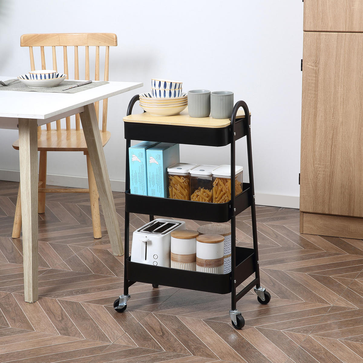 KÜCHENWAGEN 3-Etagen mit Rollen - Schwarz, Holzwerkstoff (31/79.4/45cm) - HOMCOM