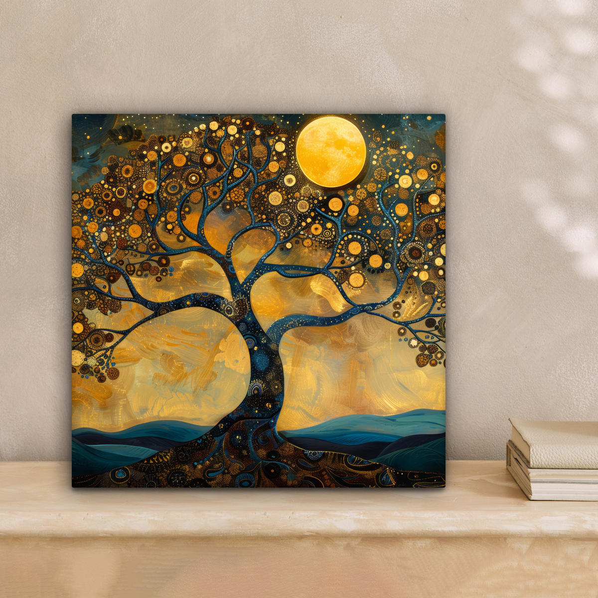 LEINWANDBILD Baum - Mond - Blumen - Gold - Kunst Deko Wohnzimmer 20x20 cm - Orange, Textil (20/20cm) - MuchoWow