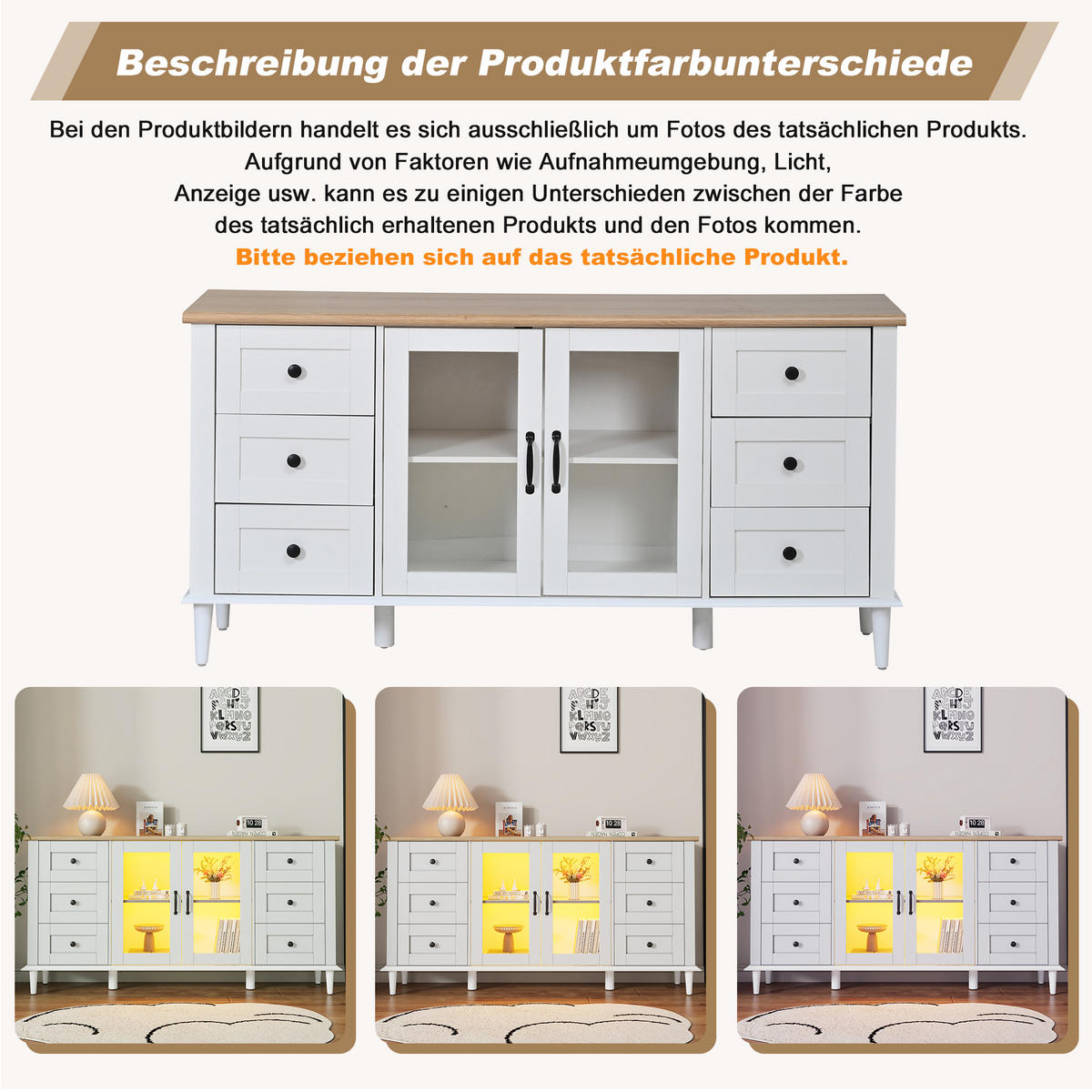 SIDEBOARD 150/40/75 cm mit 2 Acryltüren, 6 Schubladen & LED in Weiß/Holzoptik - Weiß, Holzwerkstoff (150/75/40cm) - BEAOK