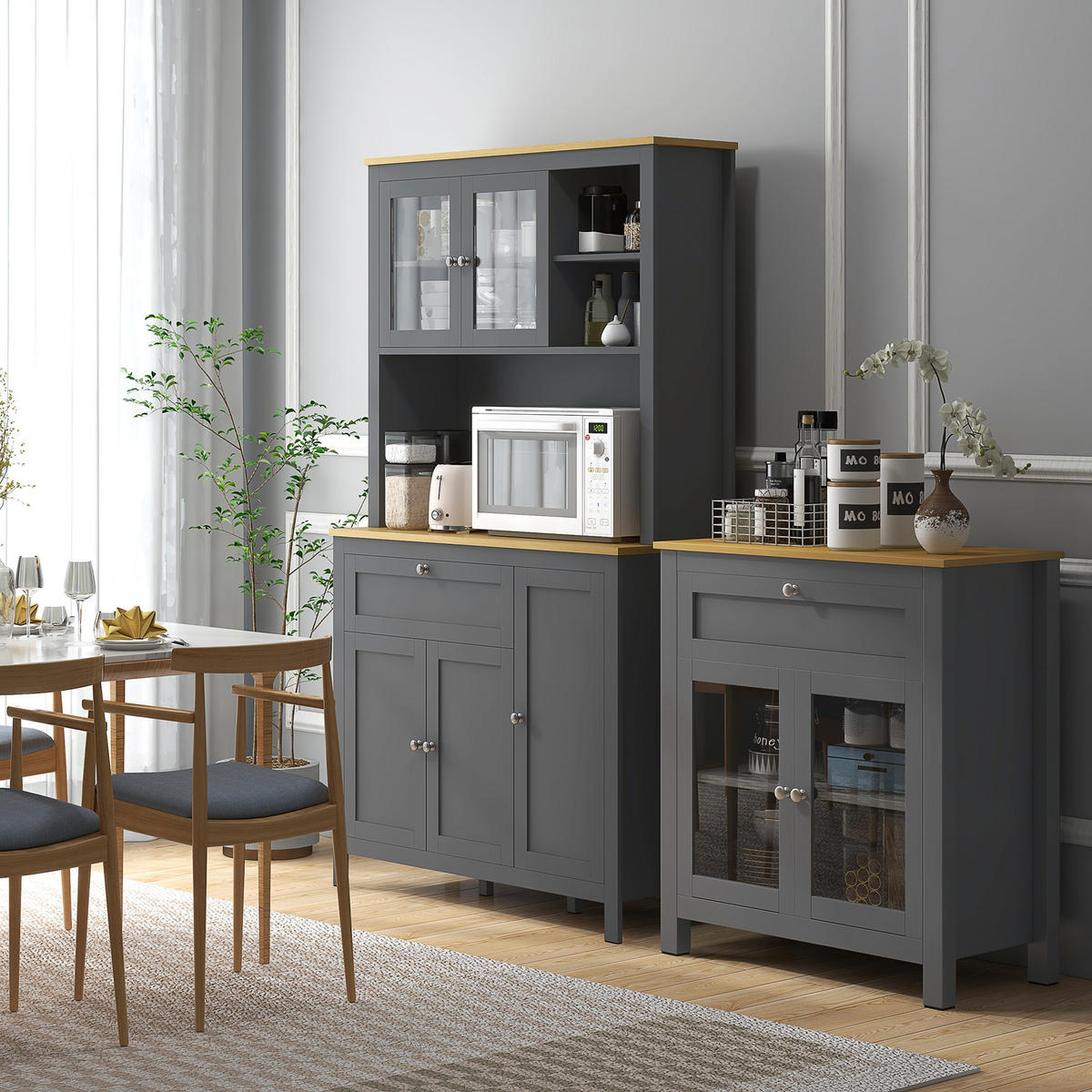 BUFFET DE-11110 2 Glastüren & Schublade mit Kabeldurchlass Grau - Grau, Holzwerkstoff (40/180/100cm) - ComfortXL
