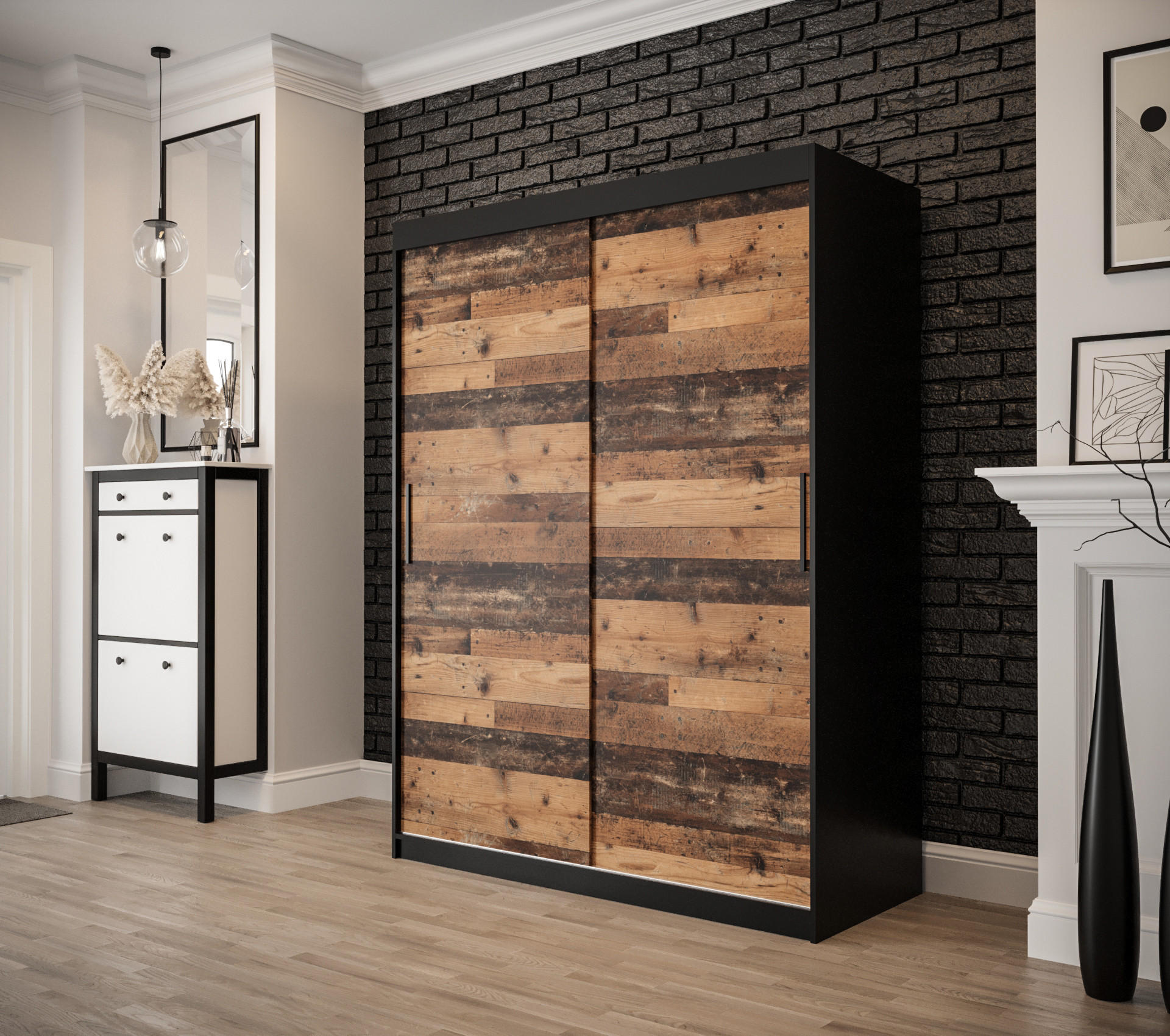 SCHWEBETÜRENSCHRANK 200/150/62 2-türig - Eichefarben/Schwarz, Holz/Kunststoff (150/200/62cm) - MÖBEL KRYSPOL