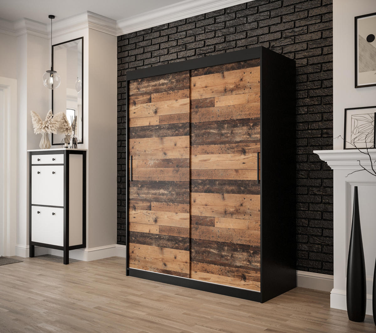 SCHWEBETÜRENSCHRANK 200/150/62 2-türig - Eichefarben/Schwarz, Holz/Kunststoff (150/200/62cm) - MÖBEL KRYSPOL