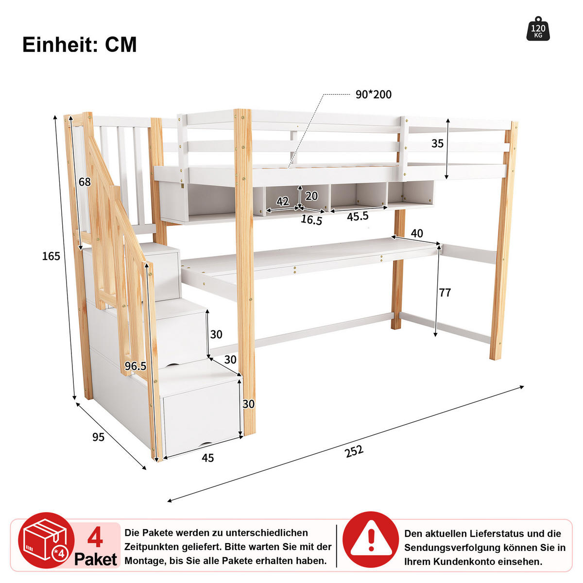 HOCHBETT 90/200 cm in Weiß & Natur mit Treppe, Schreibtisch und Regal - Eichefarben/Weiß, Holz/Holzwerkstoff (90/200cm) - CHICFURN