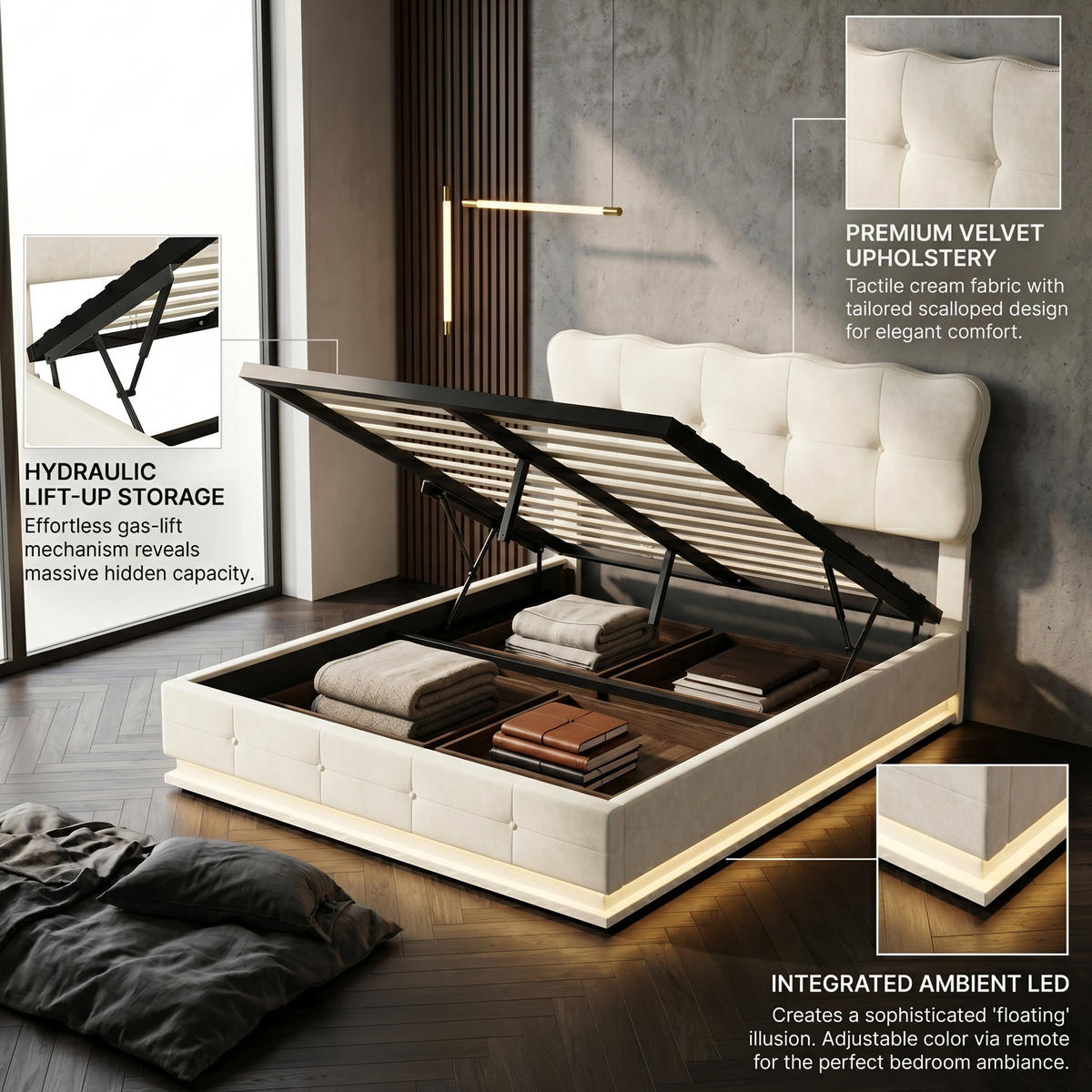POLSTERBETT Wellen-Design 140/200 cm mit Bettkasten & LED Samtoptik Beige - Beige, Textil (140/200cm) - Creahappy
