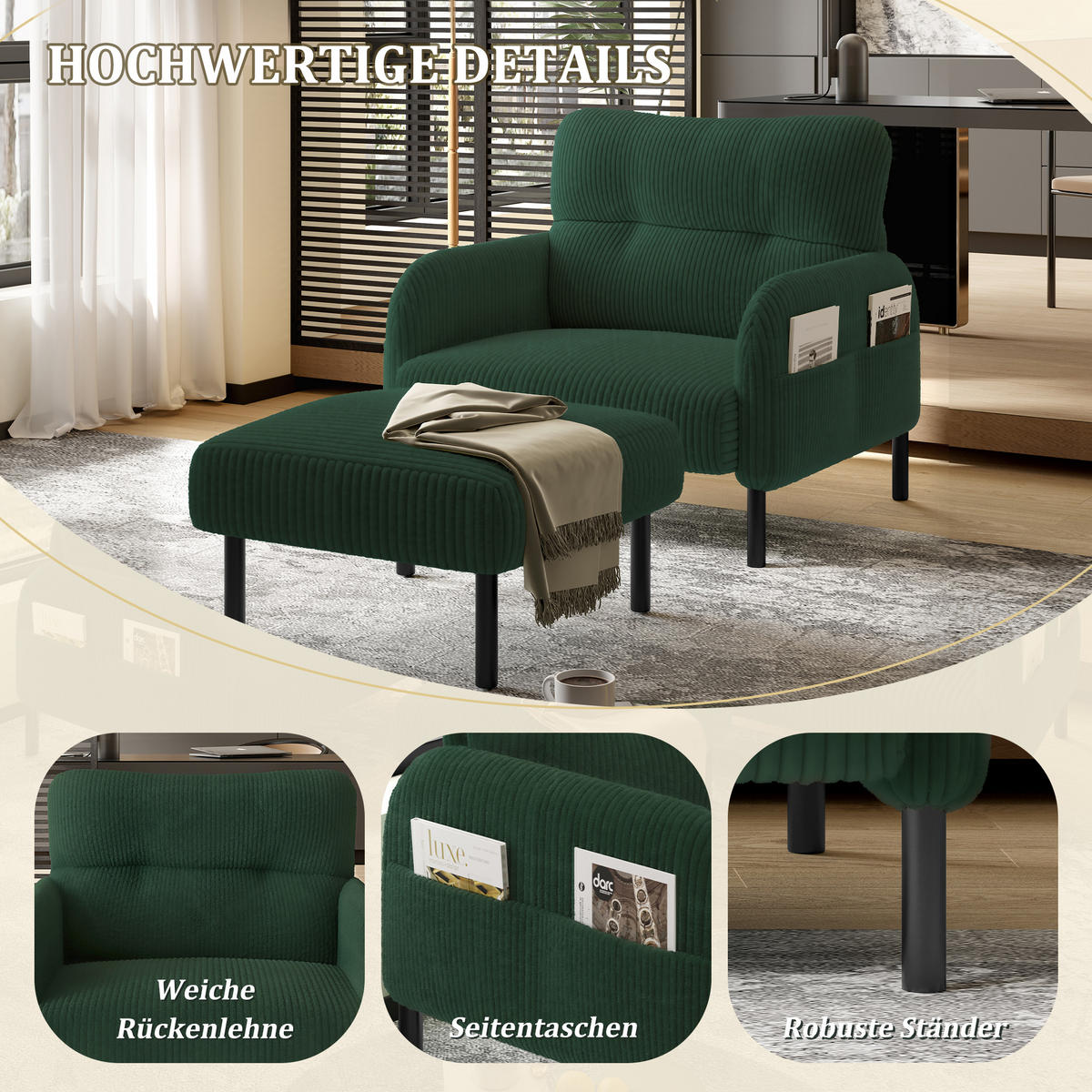 SESSEL Loungesessel,Polstersessel,Cord,Grün - Grün, Textil (67/79/75cm) - LVHOM