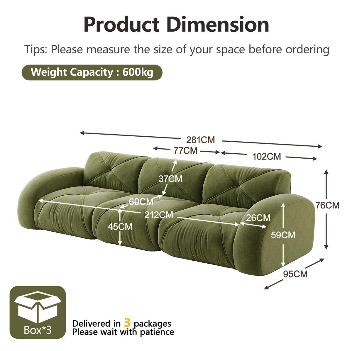 SOFA rahmenlos modular Chenille Grün - Grün, Kunststoff (95/76/281cm) - Meubliv