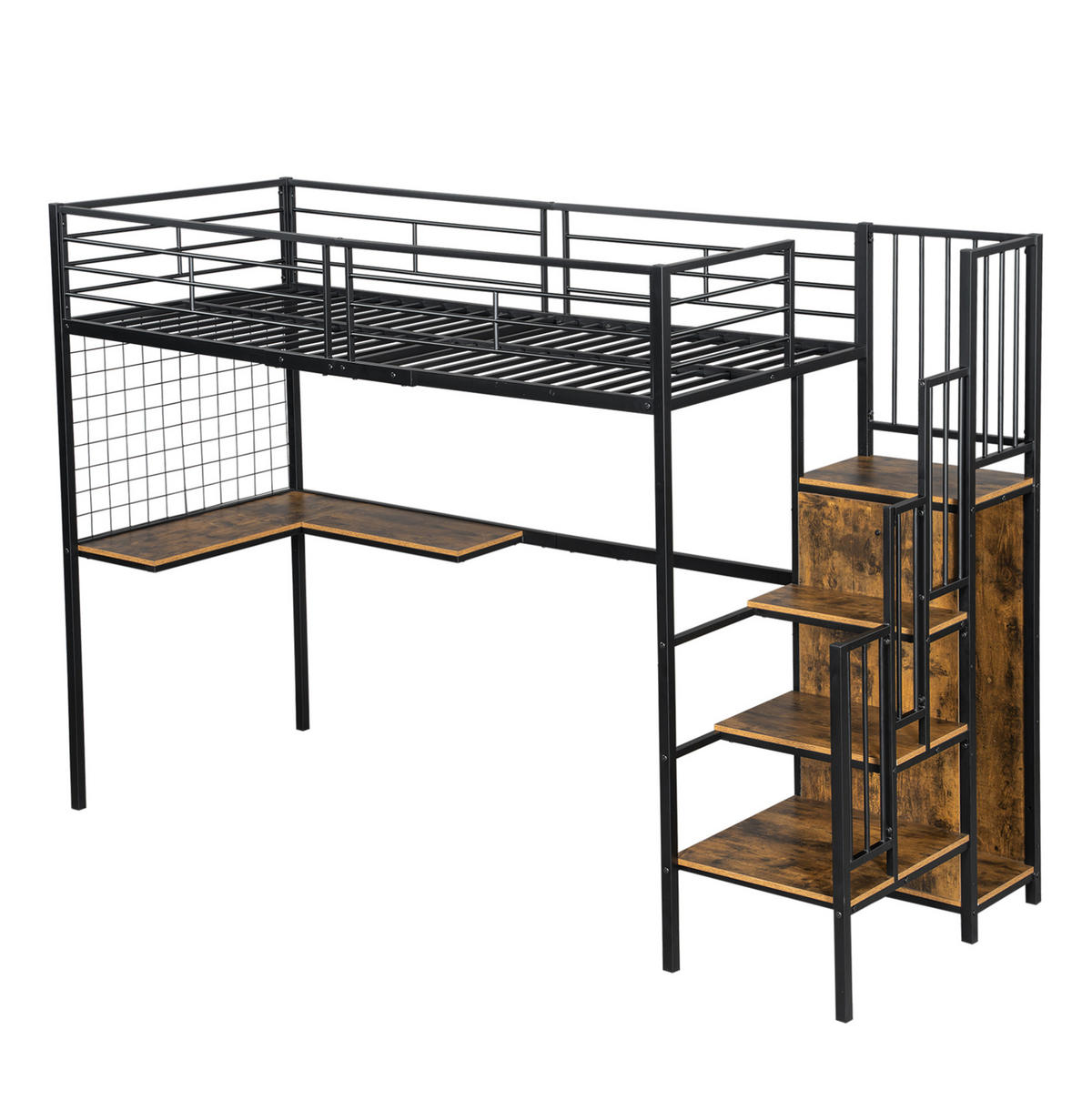 HOCHBETT 90/200 cm aus Metall und Holzwerkstoff mit Kleiderschrank und Schreibtisch Schwarz/Dunkle Holzfarbe - Schwarz, Holzwerkstoff (90/200cm) - Modenvie