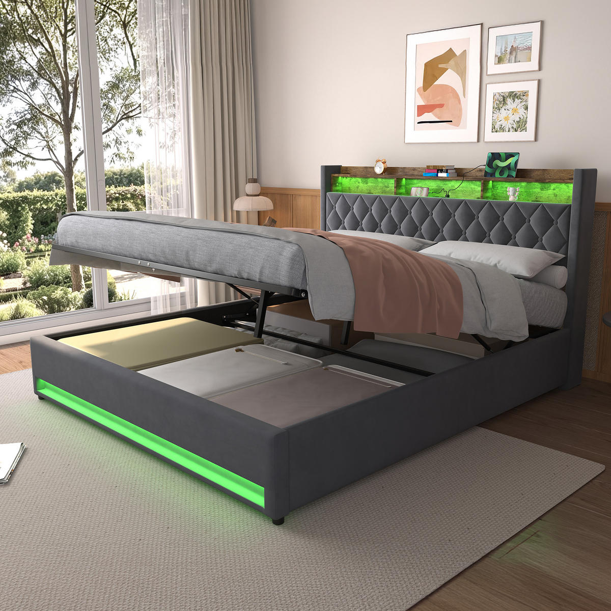 POLSTERBETT 180/200 cm in Grau, Samt, mit Bettkasten, USB, LED, ohne Matratze - Grau, Holzwerkstoff/Textil (180/200cm) - WISHDOR