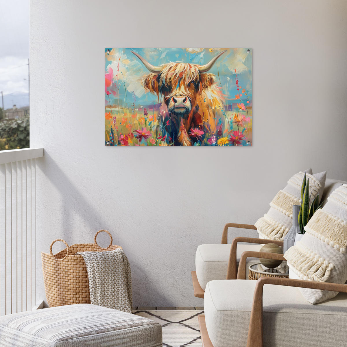 ZAHRADNÍ PLAKÁT Skotský horal - Příroda - Barevné - Květiny 90x60 cm - světle modrá, plast (90/60/0.2cm) - OnlyWow