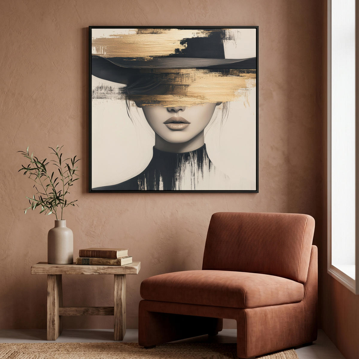 LEINWAND Bilder mit Rahmen - Frau - Hut - Farbe - 90x90 - Goldfarben, Textil (90/90cm) - MuchoWow