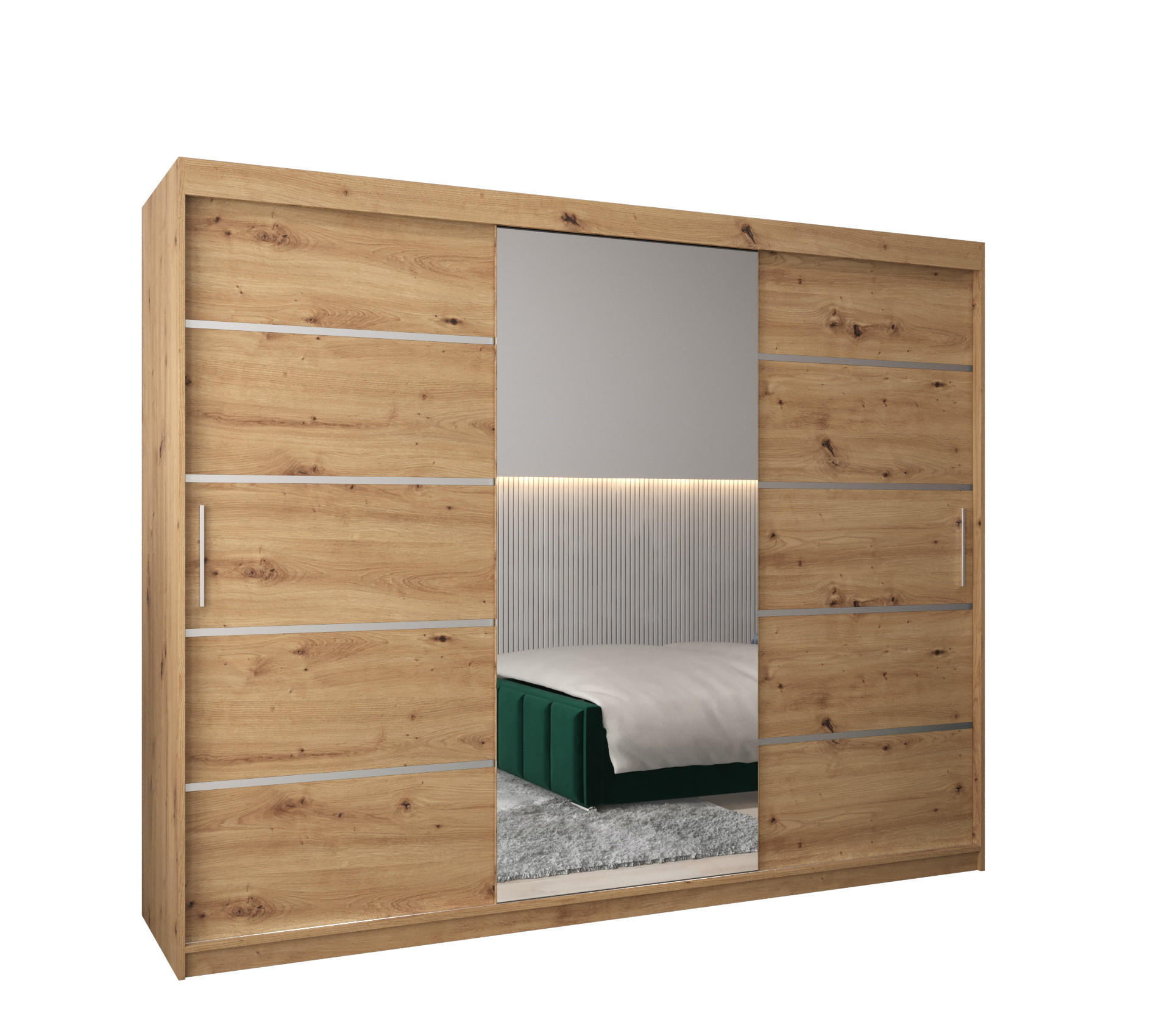 SCHWEBETÜRENSCHRANK 200/250/62 3-türig - Silberfarben/Eiche Artisan, Holz/Kunststoff (250/200/62cm) - Abiks Möbel