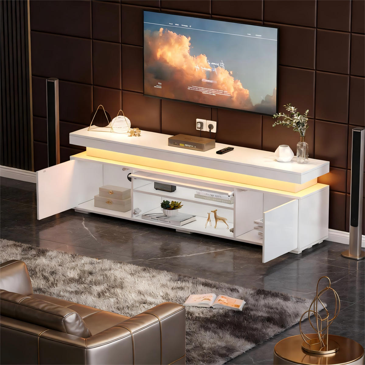 TV-LOWBOARD 150x35x43 cm Weiß LED 3 Türen Stauraum Spanplatte - Weiß, Holzwerkstoff (35/43/150cm) - FLIEKS