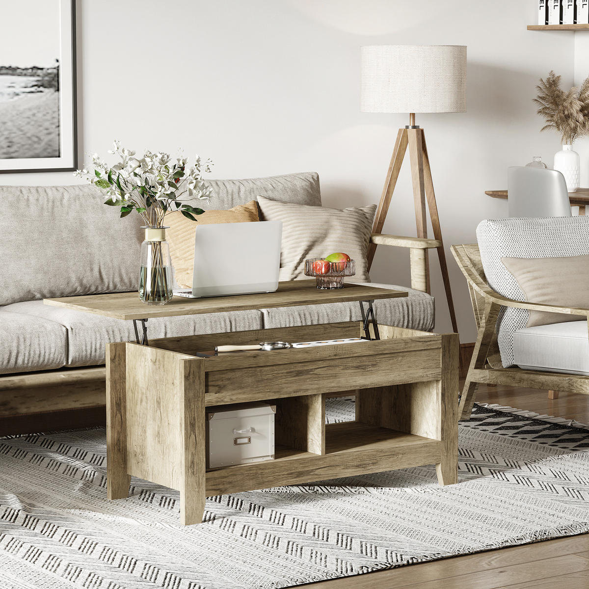 COUCHTISCH DE-15733 klappbare Platte, 105x50x49-62,5 cm Hell Eiche - Eichefarben, Holzwerkstoff (105/74/61.5cm) - ComfortXL