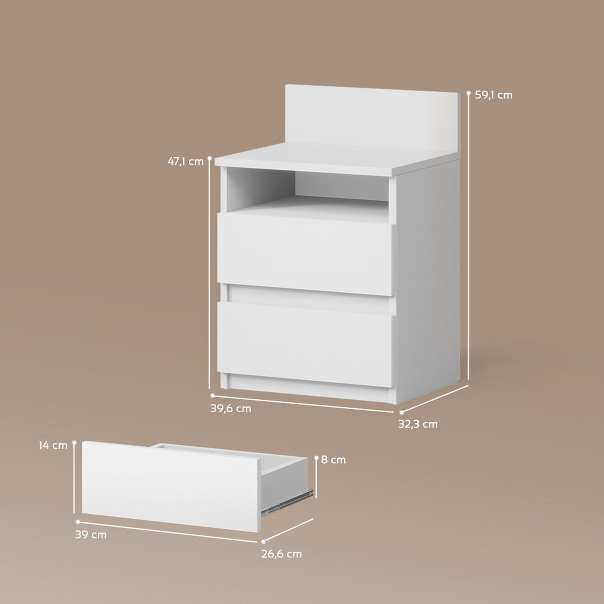 NACHTTISCH Roya, Weiß, 39.6 x 59.1 cm - Weiß, Holzwerkstoff (39.6/59.1/32.3cm) - Livinity®