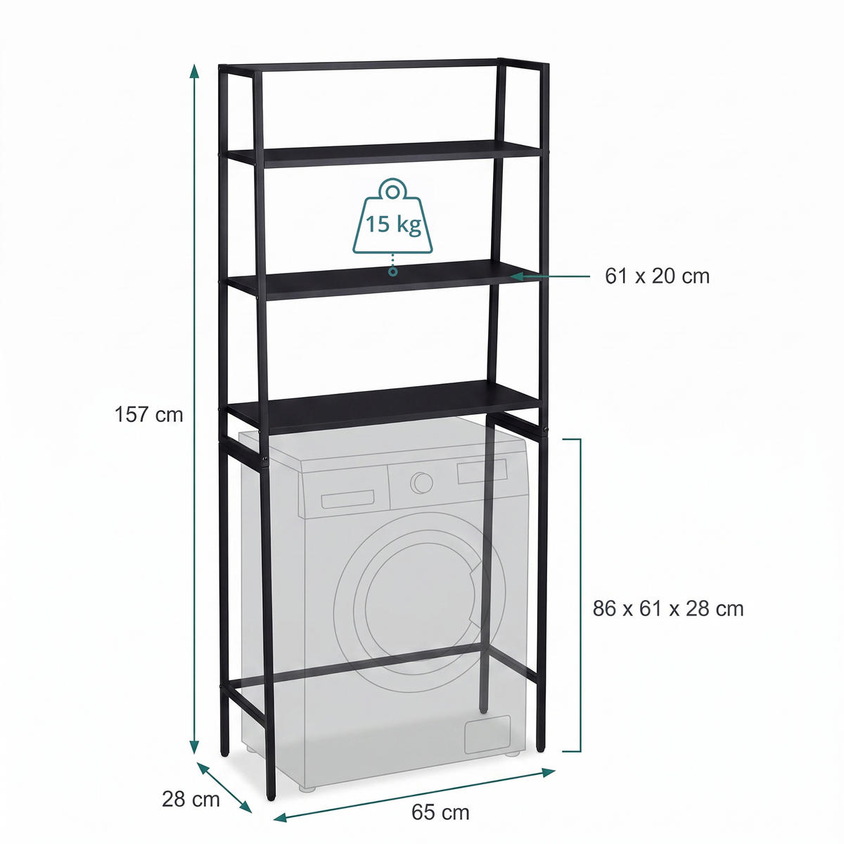WASCHMASCHINENREGAL Schwarz 3 Ablagen MDF Metall - Schwarz, Holzwerkstoff/Metall (65/157/28cm) - Relaxdays