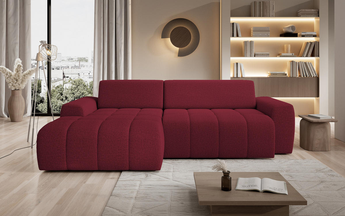 ECKSOFA Savio Freistehend, Mit Abriebfestem Kansas-Stoff, Maße 265x172x81cm, Ausziehbare Sitzfläche 206x92cm, Linke, Kirsche - Bordeaux, Holz/Textil (172/265cm) - DomoHome